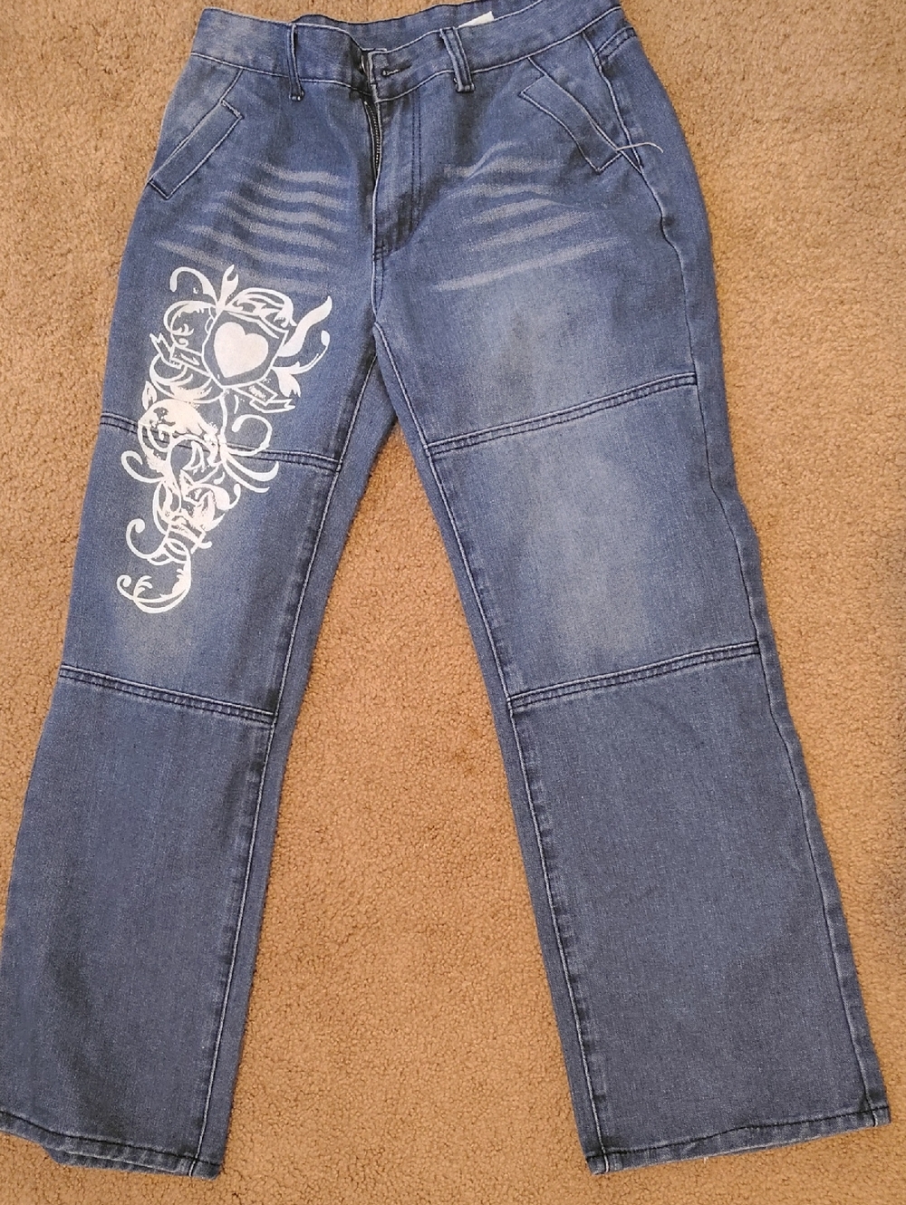 Women’s Blue Denim Flare Jeans with White Heart Graphic